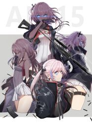 Rule 34 | 1girl, absurdres, ar-15, ass, asymmetrical legwear, bare shoulders, black jacket, black thighhighs, blood, blood on face, blue eyes, blush, breasts, bullet, character name, closed eyes, closed mouth, collarbone, commentary, cropped legs, dress, girls&#039; frontline, gloves, grey background, gun, hair between eyes, hair ornament, highres, jacket, long hair, long sleeves, magazine (object), magazine (weapon), multiple views, name connection, object namesake, open clothes, open jacket, panties, pink hair, pleated dress, profile, purple gloves, revision, ribbed dress, rifle, single thighhigh, sleeveless, sleeveless dress, small breasts, smoke, st ar-15 (girls&#039; frontline), swav, thigh strap, thighhighs, twintails, two-tone background, underwear, uneven legwear, very long hair, weapon, weapon on back, white background, white dress, white panties