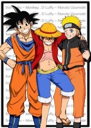 Rule 34 | 3boys, black hair, blonde hair, blue eyes, character name, crossover, dragon ball, hat, male focus, monkey d. luffy, multiple boys, naruto, naruto (series), one eye closed, one piece, open clothes, open shirt, orange pants, pants, red shirt, sandals, sash, scar, shirt, smile, son goku, straw hat, wink, zipper