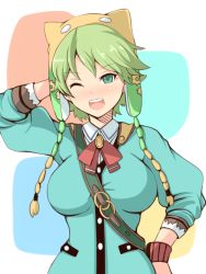 Rule 34 | 1girl, arm behind head, atelier (series), atelier shallie, azuki (azki0214dai z), bad id, bad pixiv id, blue shirt, breasts, female focus, green eyes, green hair, hand on own hip, hat, large breasts, matching hair/eyes, one eye closed, open mouth, shallotte elminus, shirt, solo