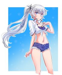 Rule 34 | 1girl, alternate costume, blouse, blue background, blue eyes, breasts, denim, denim shorts, gradient background, highres, iesupa, legs apart, long hair, midriff, navel, ponytail, rwby, scar, scar across eye, scar on face, shirt, short shorts, shorts, side ponytail, small breasts, solo, stomach, thighs, weiss schnee, white hair, white shirt