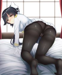 Rule 34 | 1girl, ass, azur lane, bed, black hair, black pantyhose, blush, bow, breasts, cameltoe, closed mouth, curtains, female focus, from behind, hair bow, hcci pcci, highres, indoors, large breasts, long sleeves, looking at viewer, looking back, nose blush, on bed, panties, panties under pantyhose, pantyhose, pleated skirt, shirt, skirt, solo, takao (azur lane), underwear, white bow, white shirt, white skirt, window, yellow eyes