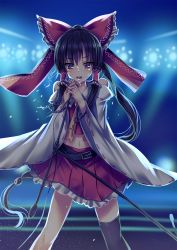 Rule 34 | 1girl, ascot, bad id, bad pixiv id, bare shoulders, beads, belt, black thighhighs, blush, bow, bracelet, brown eyes, brown hair, crying, detached sleeves, hair bow, hair tubes, hakurei reimu, highres, jewelry, long hair, long sleeves, looking at viewer, microphone, microphone stand, midriff, navel, open mouth, ponytail, shirt, single thighhigh, skirt, skirt set, solo, stage lights, thighhighs, toritori (yakitoriya), touhou, very long hair, wide sleeves, yin yang, zettai ryouiki