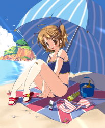 Rule 34 | 1girl, ahoge, bandages, beach, bikini, blush, brown eyes, brown hair, fang, female focus, flower, full body, gagraphic, hair ornament, hairpin, happy, mikeou, outdoors, ribbon, sandals, short hair, sky, solo, swimsuit, tagme, towel, twintails, umbrella