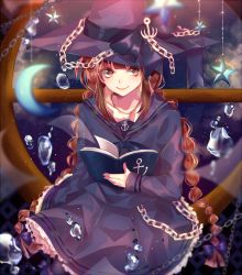 Rule 34 | 1girl, anchor, anchor symbol, bad id, bad pixiv id, blue dress, book, bow, braid, brown eyes, brown hair, bubble, dress, funamusea, hat, hat bow, long hair, oounabara to wadanohara, sailor dress, smile, solo, sues, twin braids, wadanohara, witch hat