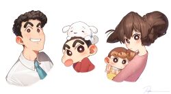 Rule 34 | 2boys, 2girls, animal, animal on head, baby, baby carry, black hair, blush, bright pupils, brown hair, carrying, child, crayon shin-chan, cropped torso, facial hair, family, grin, highres, looking at viewer, multiple boys, multiple girls, nohara himawari, nohara hiroshi, nohara misae, nohara shinnosuke, on head, ryota (ry o ta), shiro (shin-chan), signature, simple background, smile, thick eyebrows, upper body, white background, white dog