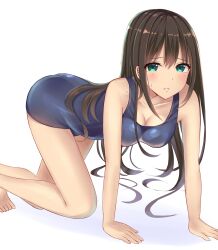 Rule 34 | 1girl, absurdres, all fours, bare shoulders, barefoot, blue one-piece swimsuit, blush, breasts, brown hair, cleavage, collarbone, dot nose, green eyes, highres, idolmaster, idolmaster cinderella girls, idolmaster cinderella girls starlight stage, long hair, looking at viewer, medium breasts, mizukoshi (marumi), one-piece swimsuit, parted lips, school swimsuit, shibuya rin, shy, simple background, solo, sweatdrop, swimsuit, white background