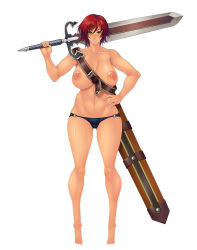 Rule 34 | 1girl, asagiri, ayes, bellona seianus, breasts, female focus, full body, giant sword, green eyes, highres, large breasts, lilith-soft, nipples, nude, onna kentoushi minerva monster colosseum, red hair, simple background, solo, sword, warrior, weapon, white background