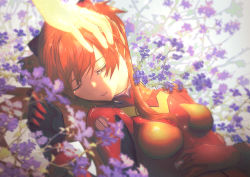 Rule 34 | 1girl, absurdres, breasts, closed eyes, commentary, flower, flower request, hand on another&#039;s head, highres, huge filesize, killert 0401, lips, long hair, neon genesis evangelion, orange hair, out of frame, parted lips, plugsuit, rebuild of evangelion, sleeping, small breasts, solo focus, souryuu asuka langley, tearing up, upper body, white background