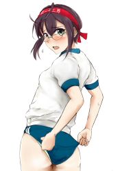 Rule 34 | 10s, 1girl, adjusting buruma, adjusting clothes, ahoge, ass, bad id, bad pixiv id, breasts, buruma, clothes writing, dosaken, embarrassed, glasses, green eyes, gym uniform, hairband, kantai collection, looking at viewer, looking back, nape, okinami (kancolle), open mouth, panties, panties under buruma, panty peek, purple hair, red hairband, short sleeves, small breasts, solo, standing, tongue, underwear, white background
