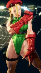 Rule 34 | 1girl, 3d, absurdres, antenna hair, bare shoulders, blonde hair, blue eyes, braid, breasts, cammy white, clenched hand, covered navel, curvy, gloves, green leotard, groin, hat, highleg, highleg leotard, highres, leotard, lips, long hair, looking at viewer, medium breasts, red gloves, red hat, ryona, screencap, shiny clothes, solo, street fighter, street fighter v, thighs, third-party edit, thong leotard, twin braids, very long hair, wide hips
