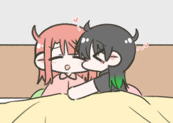 &gt;_&lt; 2girls :d ^_^ ahoge black_hair black_shirt chibi chibi_only closed_eyes collared_shirt commentary gradient_hair green_hair hair_down heart indoors kiss kissing_cheek love_live! love_live!_nijigasaki_high_school_idol_club medium_hair multicolored_hair multiple_girls on_bed open_mouth pink_hair pink_shirt profile shirt short_sleeves sidelocks smile takasaki_yu tjdudtjghd two-tone_hair uehara_ayumu yuri