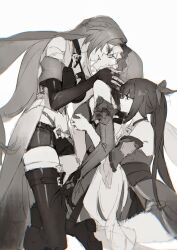 Rule 34 | 3girls, absurdres, acheron (honkai: star rail), black swan (honkai: star rail), boots, chinese commentary, eye contact, girl sandwich, grabbing, grabbing another&#039;s breast, greyscale, group sex, hand on another&#039;s neck, hand on another&#039;s thigh, head back, highres, honkai: star rail, honkai (series), huangjin shizi, imminent kiss, kneeling, long hair, looking at another, monochrome, multiple girls, sandwiched, sparkle (honkai: star rail), thigh boots, threesome, twintails, veil, yuri