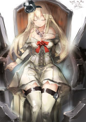 Rule 34 | 10s, 1girl, artist name, blonde hair, braid, crown, dated, dress, closed eyes, french braid, garter straps, hairband, hand on own chest, kantai collection, long hair, mini crown, off shoulder, signature, sitting, solo, thighhighs, throne, toka (marchlizard), warspite (kancolle), white dress, white thighhighs