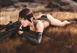 Rule 34 | 1girl, artist name, ass, bikini, black bikini, black gloves, breasts, brown hair, cleavage, closed mouth, day, elbow gloves, gloves, gun, holding, holding gun, holding weapon, lips, metal gear (series), metal gear solid v: the phantom pain, navel, outdoors, ponytail, quiet (metal gear), rifle, sniper rifle, solo, suspenders, swimsuit, weapon