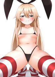Rule 34 | 1girl, arms behind back, bikini, black bikini, black hairband, blonde hair, blush, breasts, collarbone, elbow gloves, gloves, gluteal fold, grey eyes, grin, hair between eyes, hair ornament, hairband, highleg, highleg panties, highres, kantai collection, long hair, looking at viewer, micro bikini, navel, panties, shimakaze (kancolle), small breasts, smile, solo, spread legs, striped clothes, striped thighhighs, swimsuit, thighhighs, tiemu (man190), underwear, white background, yellow eyes