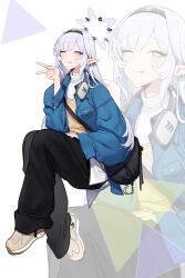 Rule 34 | 1girl, ;p, absurdres, alternate costume, baggy pants, black bag, black hairband, black pants, blue archive, blue jacket, brown footwear, casual, commentary request, ear piercing, earclip, hairband, halo, hand up, headphones, headphones around neck, highres, himari (blue archive), jacket, long hair, long sleeves, looking at viewer, one eye closed, pants, piercing, pointy ears, purple eyes, purple halo, shirt, shoes, sitting, sleeves past wrists, solo, tongue, tongue out, turtleneck, v, white hair, white shirt, zanya 000