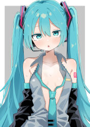 Rule 34 | 1girl, :o, bare shoulders, black sleeves, blue eyes, blue hair, blue necktie, breasts, collarbone, collared shirt, commentary, detached sleeves, grey background, grey shirt, hair between eyes, hatsune miku, highres, long hair, loose necktie, maud0239, necktie, open mouth, shirt, sleeveless, sleeveless shirt, small breasts, solo, twintails, upper body, vocaloid