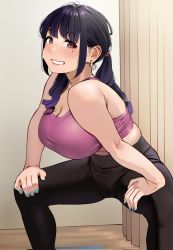 Rule 34 | 1girl, breasts, brown eyes, cleavage, corrupted twitter file, earrings, fingernails, highres, horse stance, igarashi kyouhei, indoors, jewelry, large breasts, long hair, looking at viewer, mole, mole under eye, original, pants, purple hair, smile, solo, sports bra, spread legs, twintails, yoga pants, younger cousin (igarashi kyouhei)