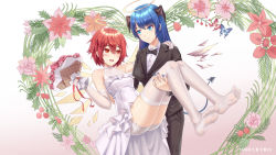 Rule 34 | 2girls, absurdres, arknights, bad id, bad pixiv id, blue eyes, blue hair, bouquet, bow, bowtie, bride, carrying, da akana xiv, demon horns, detached wings, dress, elbow gloves, energy wings, exusiai (arknights), fallen angel, feet, female focus, flower, formal, gloves, halo, highres, horns, long hair, matching hair/eyes, mostima (arknights), multiple girls, no shoes, pantyhose, princess carry, red eyes, red hair, short hair, soles, suit, thighhighs, tuxedo, wedding, wedding dress, white dress, white legwear, wife and wife, wings, yuri