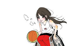 Rule 34 | 1girl, artist request, ball, basketball, basketball jersey, black hair, female focus, jersey, long hair, olympics, ponytail, solo, wheelchair
