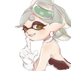 Rule 34 | 1girl, bare arms, bare shoulders, black dress, bow-shaped hair, breasts, cropped torso, detached collar, dress, earrings, food, food on head, gloves, grey hair, hoop earrings, index finger raised, inkling, jewelry, marie (splatoon), mole, mole under eye, nintendo, object on head, pointy ears, short dress, short ponytail, sketch, solo, splatoon (series), squid girl, strapless, strapless dress, sushi, swept bangs, tenchou (sakai), tentacle hair, thick eyebrows, white gloves