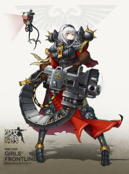 Rule 34 | 1.00 calibre bolt, 1girl, absurdres, adepta sororitas, ammunition, ammunition backpack, ammunition belt, ammunition chute, anti-materiel cartridge, armor, backpack, bag, belt-fed, bolt (warhammer 40k), bolter, cannon cartridge, commentary request, facial tattoo, fleur-de-lis, full body, girls&#039; frontline, gun, heavy bolter, high-explosive cartridge, highres, large-caliber cartridge, looking at viewer, moonface, parted lips, pauldrons, power armor, purity seal, rocket-assisted projectile, shoulder armor, skull, skull probe, smoke, smoking barrel, solo, tattoo, warhammer 40k, weapon, white hair, yellow eyes