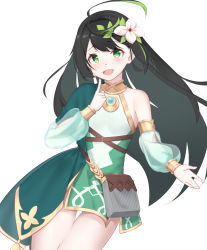 Rule 34 | 1girl, :d, bare shoulders, black hair, blush, breasts, commentary request, copyright request, cosplay, detached sleeves, dress, flower, gluteal fold, green dress, green eyes, green hair, green sleeves, hair flower, hair ornament, han (hehuihuihui), hand up, highres, index finger raised, kokkoro (princess connect!), kokkoro (princess connect!) (cosplay), long hair, long sleeves, multicolored hair, open mouth, princess connect!, puffy long sleeves, puffy sleeves, see-through, see-through silhouette, simple background, sleeveless, sleeveless dress, small breasts, smile, solo, streaked hair, thigh gap, very long hair, white background, white flower