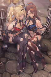 Rule 34 | 2girls, absurdres, arms behind back, ball and chain restraint, bdsm, beatrix (granblue fantasy), blonde hair, blue eyes, bondage, boots, bound, breasts, brown hair, captured, chain, chained, cleavage, cleavage cutout, clothing cutout, collar, commission, feet, granblue fantasy, green eyes, high heel boots, high heels, highres, large breasts, long hair, medium breasts, metal collar, multiple girls, navel, no armor, ponytail, restrained, tears, thighhighs, torn clothes, torn thighhighs, twintails, yewang19, zeta (granblue fantasy)