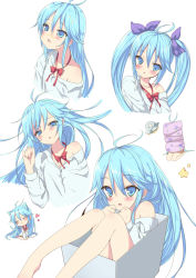 Rule 34 | 10s, 1girl, ahoge, animal ears, bad id, bad pixiv id, bare shoulders, blue eyes, blue hair, blush, bow, box, cat ears, cat tail, choker, denpa onna to seishun otoko, closed eyes, food, food on face, hair bow, head tilt, heart, in box, in container, kemonomimi mode, long hair, matching hair/eyes, multiple persona, oota minoru, open mouth, ribbon choker, shirt, sitting, solo, star (symbol), tail, touwa erio, twintails, ufo, wrapped up