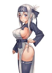 Rule 34 | 10s, 1girl, ainu clothes, bandana, black thighhighs, blue eyes, breasts, cowboy shot, cropped jacket, folded ponytail, fumikiri, headband, kamoi (kancolle), kantai collection, large breasts, long hair, long sleeves, looking at viewer, panties, pelvic curtain, side-tie panties, sideboob, sidelocks, simple background, solo, thick eyebrows, thighhighs, underwear, white background, white hair, wrist guards