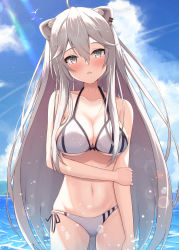 Rule 34 | 1girl, absurdres, animal ears, bikini, blush, breasts, cleavage, grey eyes, grey hair, highres, hololive, large breasts, lion ears, lion girl, looking at viewer, parted lips, shishiro botan, side-tie bikini bottom, sky, solo, standing, suicabar72, swimsuit, virtual youtuber