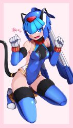 Rule 34 | 1girl, absurdres, animal ears, artist name, bare shoulders, blue eyes, blue leotard, breasts, cat ears, cat tail, collar, fake animal ears, fake tail, fang, helmet, highres, leotard, fairy leviathan (mega man), mega man (series), mega man zero (series), nanayaryuoo, paw pose, robot girl, small breasts, tagme, tail