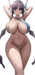 Rule 34 | 1girl, absurdres, bikini, black hair, blue eyes, blunt bangs, blush, breasts, closed mouth, creatures (company), curvy, elesa (pokemon), game freak, highres, huge breasts, jasony, long hair, looking at viewer, multicolored bikini, multicolored clothes, navel, nintendo, pokemon, pokemon bw2, simple background, smile, solo, sweat, swimsuit, thighs, twintails, white background, wide hips