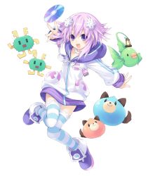 Rule 34 | 10s, 1girl, absurdres, cd, d-pad, disc, dogoo, fish, hair ornament, highres, looking at viewer, neptune (neptunia), neptune (series), official art, pixelvader, purple eyes, purple hair, short hair, smile, solo focus, striped clothes, striped thighhighs, thighhighs, tsunako
