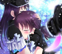 Rule 34 | 2girls, black gloves, black headwear, blush, crying, closed eyes, feathers, fingerless gloves, gloves, hands on another&#039;s head, hat, highres, hug, kazuno leah, kazuno sarah, love live!, love live! sunshine!!, multiple girls, peaked cap, purple hair, short sleeves, siblings, sisters, snowflakes, tears, twintails, zero-theme