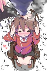 Rule 34 | 1girl, arms up, black skirt, brown footwear, brown hair, buttons, chair, closed eyes, closed mouth, commentary request, dot nose, hair between eyes, headpat, heart, highres, holding, kantai collection, long sleeves, medium hair, motion lines, mugichoko (mugi no choko), open hands, out of frame, ryuujou (kancolle), shadow, simple background, sitting, skirt, smoke, solo focus, thought bubble, white background, wing collar