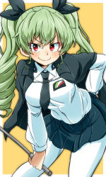 Rule 34 | 1girl, anchovy (girls und panzer), anzio school uniform, aono3, arm behind back, belt, black belt, black cape, black necktie, black ribbon, black skirt, cape, closed mouth, commentary, dress shirt, drill hair, emblem, girls und panzer, green hair, hair ribbon, hand on own hip, highres, holding, leaning forward, long hair, long sleeves, looking at viewer, miniskirt, necktie, orange background, outside border, pantyhose, pleated skirt, red eyes, reverse grip, ribbon, riding crop, school uniform, shirt, skirt, smile, solo, standing, twin drills, twintails, v-shaped eyebrows, white pantyhose, white shirt