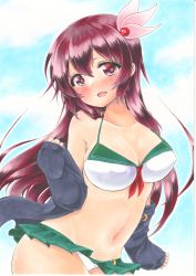 Rule 34 | 1girl, :d, absurdres, adapted costume, alternate breast size, blue sky, blush, breasts, cleavage, cloud, cloudy sky, commentary request, crescent, crescent pin, day, hair between eyes, hair ornament, highres, kantai collection, kisaragi (kancolle), kisaragi kai ni (kancolle), large breasts, long hair, looking at viewer, marker (medium), navel, off shoulder, open mouth, red eyes, red hair, sailor bikini, sailor collar, sky, smile, solo, traditional media, yuuki chima