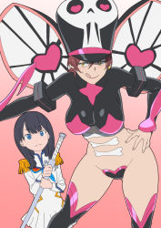 Rule 34 | 10s, 2girls, :p, black hair, black shirt, blouse, blue eyes, breasts, closed mouth, cosplay, gradient background, gridman universe, hand on own hip, hat, heart maebari, heart pasties, highres, holding, holding sword, holding weapon, impossible clothes, jakuzure nonon, jakuzure nonon (cosplay), jakuzure nonon (symphony regalia), kill la kill, kiryuuin satsuki, kiryuuin satsuki (cosplay), large breasts, long sleeves, maebari, mother and daughter, multiple girls, pasties, pink background, red hair, revealing clothes, school uniform, sheath, sheathed, shirt, ssss.gridman, standing, sword, takarada orie, takarada rikka, thighhighs, tongue, tongue out, voice actor connection, weapon, yellow eyes