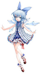 Rule 34 | 1girl, alternate costume, bloomers, blue eyes, blue hair, bow, cirno, frills, full body, gathers, hair bow, mary janes, matching hair/eyes, outstretched arms, senzi, shoes, short hair, simple background, solo, spread arms, touhou, underwear, wings