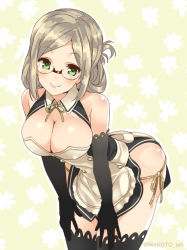 Rule 34 | 1girl, apron, bare shoulders, black gloves, black thighhighs, blush, breasts, cleavage, cleavage cutout, clothing cutout, cosplay, dream c club, dream c club (cosplay), dream c club (series), elbow gloves, female focus, folded ponytail, glasses, gloves, green eyes, kantai collection, katori (kancolle), large breasts, leaning forward, looking at viewer, mizuki makoto, simple background, smile, solo, thighhighs