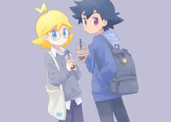 Rule 34 | 2boys, akasaka (qv92612), ash ketchum, backpack, bag, black hair, blonde hair, bubble tea, clemont (pokemon), closed mouth, collared shirt, commentary request, creatures (company), cup, drinking straw, game freak, gen 1 pokemon, grey background, holding, holding cup, hood, hooded jacket, jacket, long sleeves, looking at viewer, looking back, male focus, multiple boys, nintendo, pants, pikachu, poke ball print, pokemon, pokemon (anime), pokemon (creature), pokemon xy (anime), purple eyes, shirt, short hair, sweater, white shirt