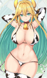 Rule 34 | 1girl, :p, absurdres, ahoge, animal ears, animal print, arms behind head, arms up, bad id, bad pixiv id, bell, bikini, blonde hair, breasts, choker, closed mouth, collarbone, colored inner hair, cow ears, cow horns, cow print, cow print bikini, cow tail, cowbell, curvy, ear tag, elbow gloves, elf, elven forest maker, gloves, green eyes, green hair, groin, hair between eyes, highres, horns, large breasts, last origin, long hair, multicolored hair, nahanmin, navel, neck bell, pointy ears, print bikini, smile, solo, star-shaped pupils, star (symbol), sweat, swimsuit, symbol-shaped pupils, tail, thigh gap, thighhighs, thighs, tongue, tongue out, two-tone hair, very long hair, wet