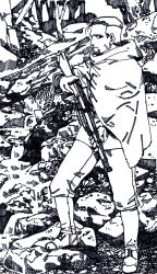 Rule 34 | 1boy, absurdres, boots, captain morgan pose, cloak, closed mouth, commentary request, empty eyes, expressionless, facial hair, facial scar, fallen tree, forest, from side, full body, goatee, golden kamuy, greyscale, gun, hair slicked back, half-closed eyes, highres, holding, holding gun, holding weapon, hood, hood down, hooded cloak, knee boots, light frown, looking at viewer, loose hair strand, male focus, monochrome, mushroom (osh320), nature, ogata hyakunosuke, outdoors, pants, rifle, rock, scar, scar on cheek, scar on face, solo, tree, undercut, weapon