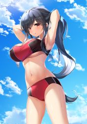 Rule 34 | 1girl, :o, amakarashi, armpits, arms up, bikini, black hair, blush, breasts, cameltoe, cleavage, cloud, cowboy shot, hair over one eye, hand in own hair, highres, large breasts, long hair, looking at viewer, navel, original, outdoors, red eyes, sidelocks, sky, solo, stomach, swimsuit, thighs, two-tone swimsuit, underboob, wardrobe malfunction, wet