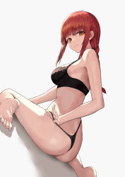 Rule 34 | 1girl, absurdres, barefoot, black bra, black panties, bra, chainsaw man, closed mouth, dutch angle, highres, hwanhee, looking at viewer, makima (chainsaw man), panties, red hair, sitting, solo, underwear, wariza