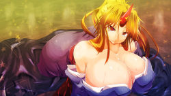 Rule 34 | 1girl, all fours, alternate hairstyle, ass, bare shoulders, blonde hair, breasts, cleavage, demon girl, endou tatsumi, female focus, horns, hoshiguma yuugi, hoshiguma yuugi (kimono), huge ass, huge breasts, japanese clothes, leaf, long hair, oni, ponytail, red eyes, single horn, solo, touhou, water