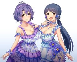 Rule 34 | 2girls, :d, antenna hair, asymmetrical clothes, blue dress, blue flower, blue hair, breasts, brown eyes, choker, cleavage, closed mouth, dress, floral print, flower, frilled choker, frilled dress, frills, gradient background, hairband, hand on own chest, huge breasts, idolmaster, idolmaster million live!, jewelry, junkun148, kitakami reika, large breasts, long hair, looking at viewer, low twintails, multiple girls, necklace, open mouth, pink hairband, purple dress, purple hair, short hair, smile, toyokawa fuka, twintails, very long hair, wavy hair
