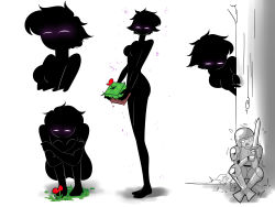 Rule 34 | absurdres, black skin, breasts, colored skin, drawing, enderman, expressions, flower, gameplay mechanics, genderswap, genderswap (mtf), glowing, glowing eyes, height difference, highres, long legs, minecraft, no mouth, purple eyes, short hair, simple background, size difference, standing, tall female