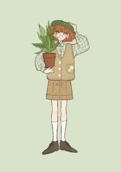 Rule 34 | 1girl, adjusting clothes, adjusting headwear, baggy clothes, blunt bangs, brown hair, brown shorts, brown sweater vest, buttons, collared shirt, commentary, cross-laced footwear, earrings, floral print, flower, flower earrings, flower pot, full body, glasses, green eyes, green hat, grey background, grey footwear, grey shirt, hand on own head, hand up, hat, highres, holding, holding flower pot, jewelry, leaf, lips, long sleeves, looking over eyewear, looking to the side, original, parted lips, plaid, plaid shirt, plant, pocket, potted plant, red lips, retro artstyle, rikuwo, round eyewear, shirt, shoes, short hair, shorts, simple background, socks, solo, standing, sweater vest, white flower, white socks